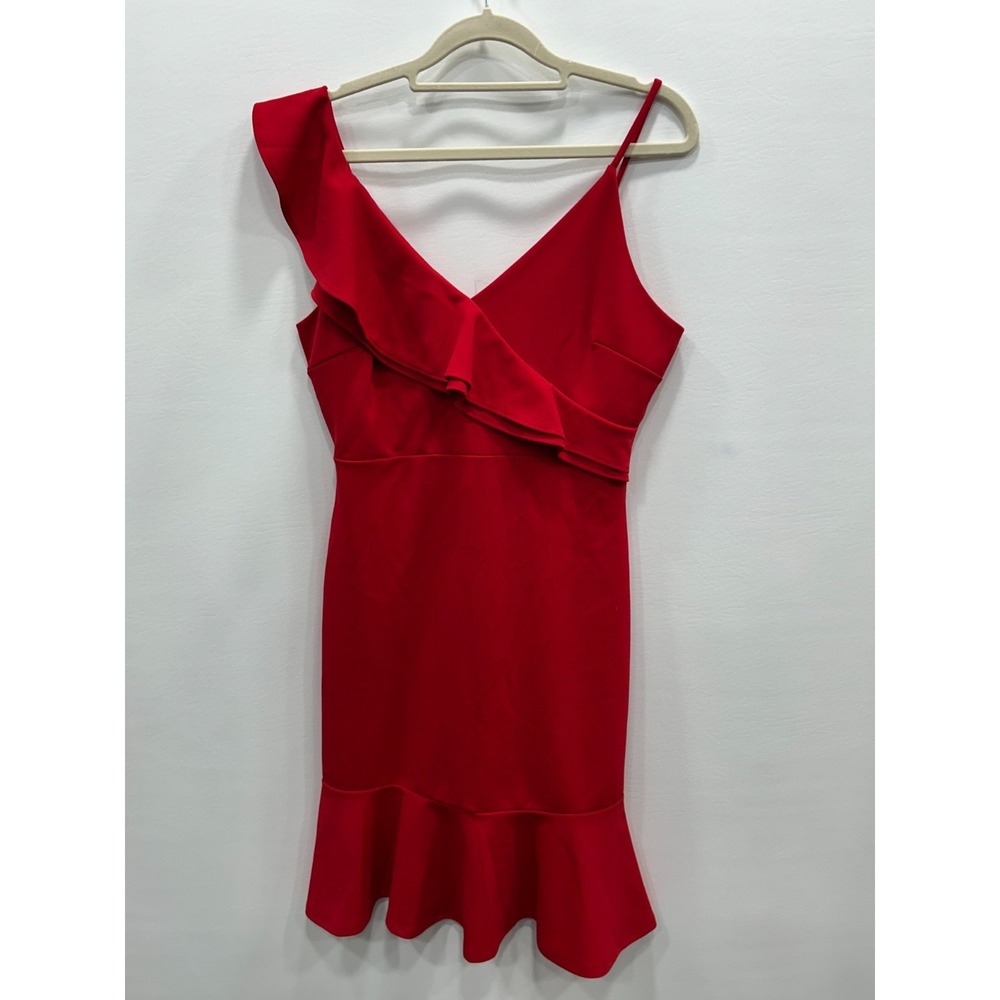 AQUA Ruffle Midi Dress Womens Size Medium Red Asymmetrical Strap Flounce Hem - Picture 2 of 10